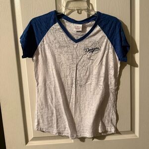 Los Angeles Dodgers Girls' White and Blue V-Neck Raglan Tee